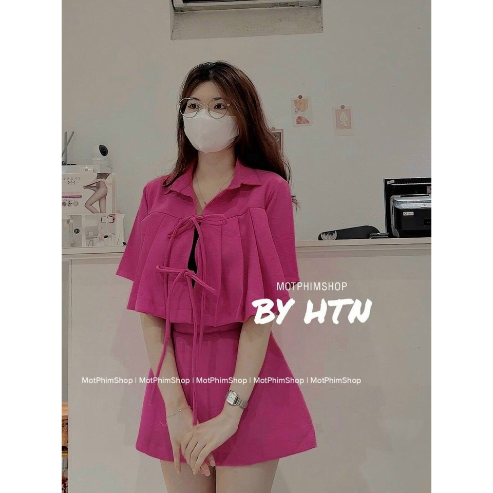Set bộ áo sơ mi thắc nơ ngực tay ngắn mix chân váy chữ A kiểu tiểu thư mặc cực dễ thương
