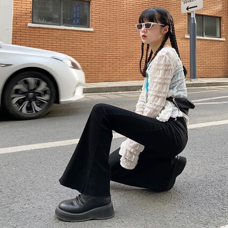 Quần Dài Denim Ống Loe Lưng Cao Màu Đen Phong Cách Hàn Quốc Thời Trang Cho Nữ