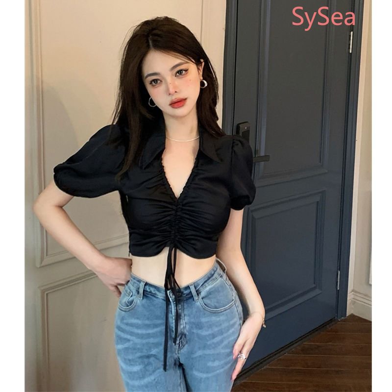 Áo Croptop Tay Phồng Cổ Chữ V Quyến Rũ Thời Trang Cho Nữ