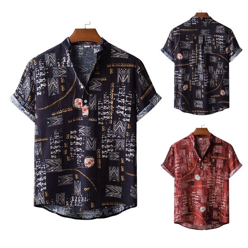 Áo Thun Polo Cotton Lanh Ngắn Tay Dáng Rộng In Họa Tiết Thổ Cẩm Màu Đen Đính Nút Kiểu Retro Cho Nam