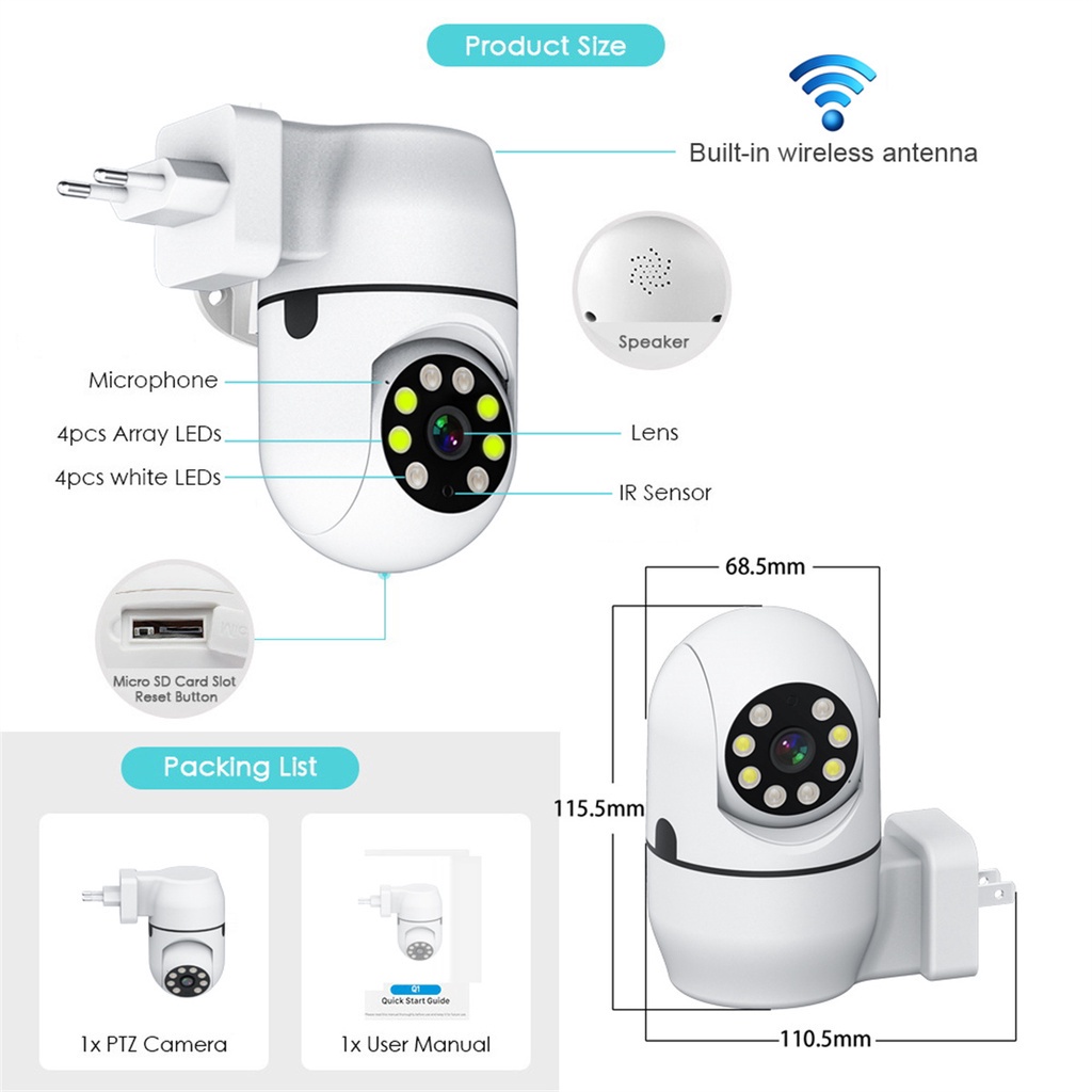 Ổ Cắm Điện Gắn Tường Xoay 360 Độ 5MP CCTV° Máy Theo Dõi Sức Khỏe Kết Nối WIFI PTZ IP Màu Sắc Tự Động