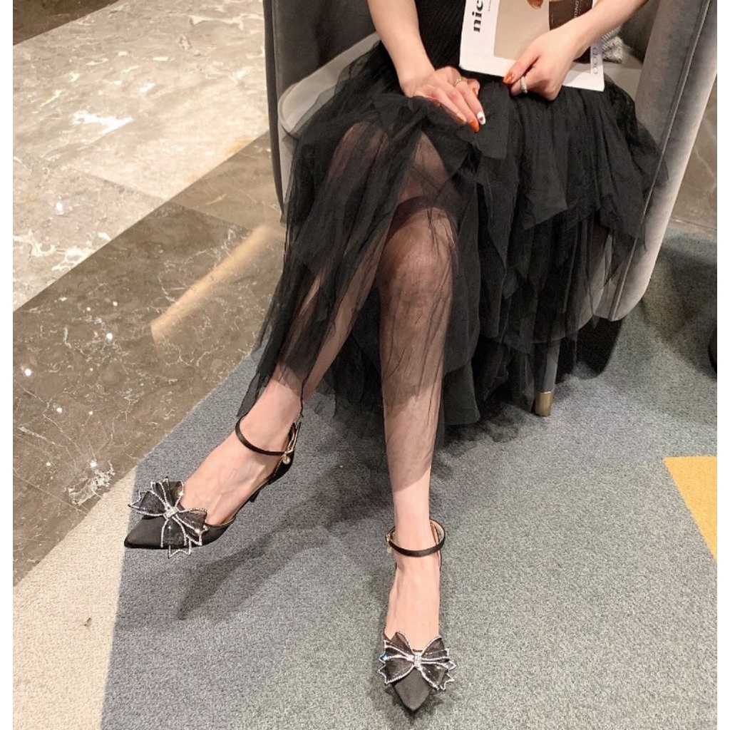 GIÀY CAO GÓT BBC65 QUAI HẬU NƠ ĐÍNH ĐÁ XINH XUẤT SẮC MÀU ĐEN, KEM, TRẮNG DA TRƠN 7P PHÙ HỢP ĐI TIỆC ĐI CHƠI