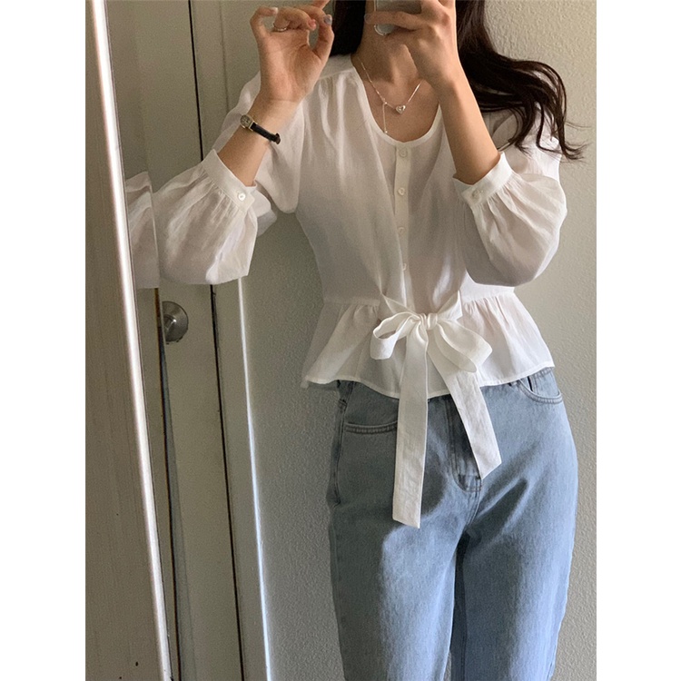 Áo Sơ Mi Nữ Tay Dài Cổ Tròn Buộc Dây Thời Trang