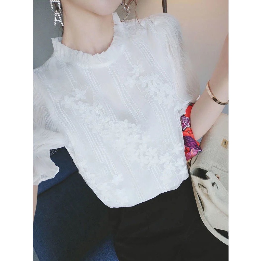 Áo Sơ Mi Chiffon Tay Dài Dáng Rộng Phối Ren Phong Cách Hàn Quốc Thời Trang Cho Nữ
