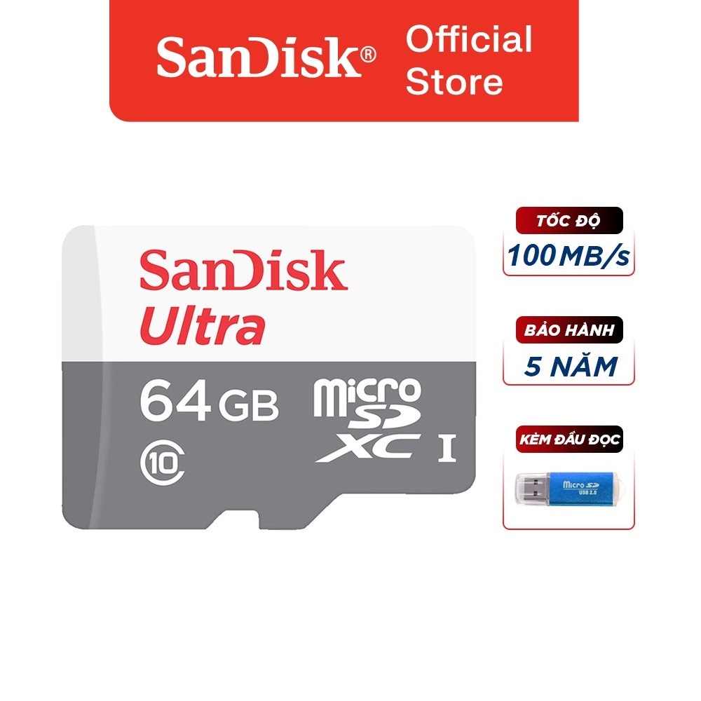 Thẻ nhớ micro SDXC Sandisk 64GB upto 80MB/s 533X Ultra UHS-I tặng đầu đọc thẻ