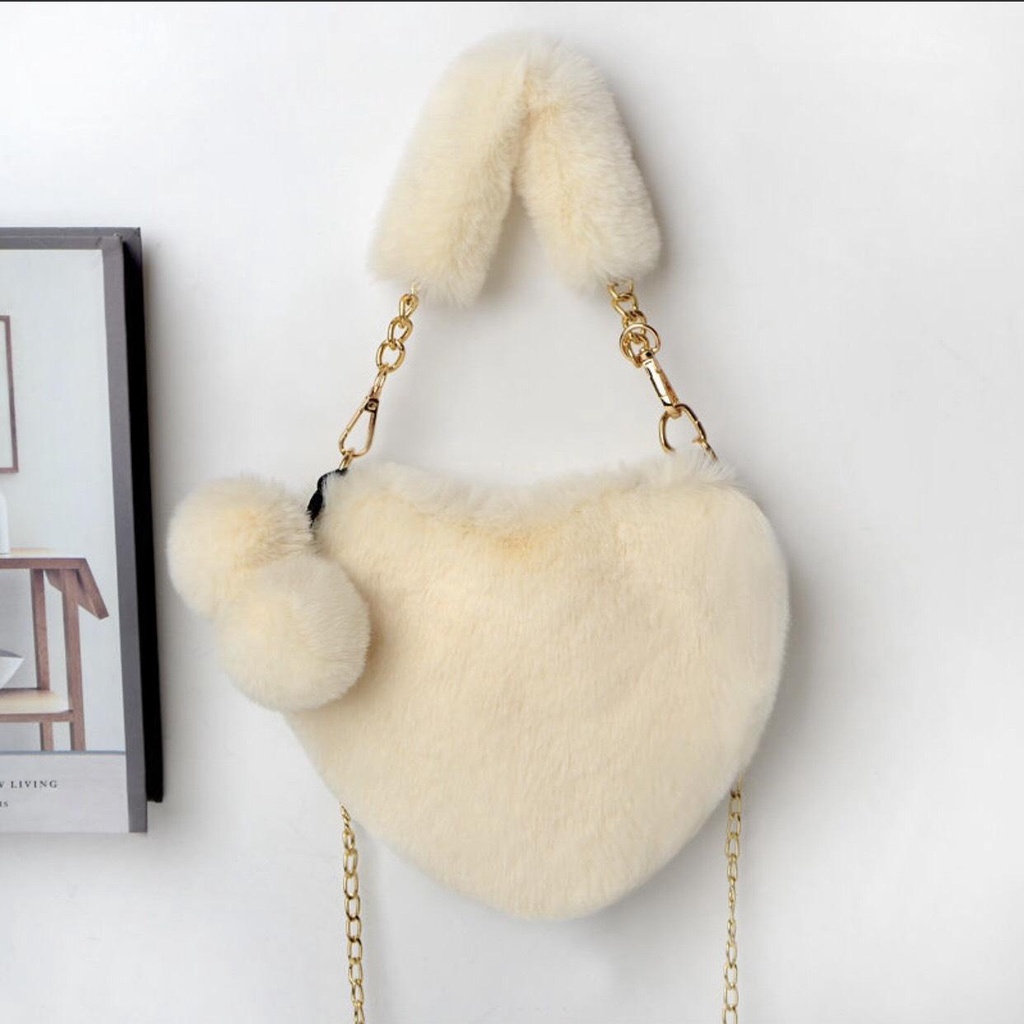 Túi Xách Đeo Vai Hình Trái Tim Lông Nhung - Túi Đeo Chéo Gấu Bông Dây Xích
