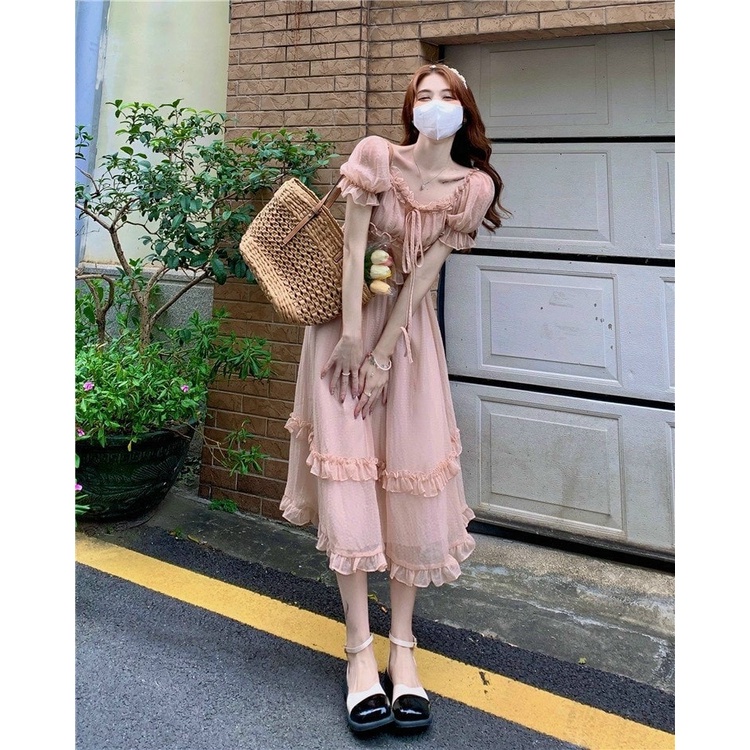 SET Áo xốp hồng baby tay phồng kèm Chân Váy midi viền bèo đi biển/du lịch NÀNG CLOSET