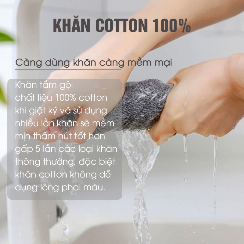 Combo 4 khăn bông tắm gội rửa mặt, 100% cotton thấm hút kháng khuẩn, không xổ lông phai màu an toàn cho sức khoẻ