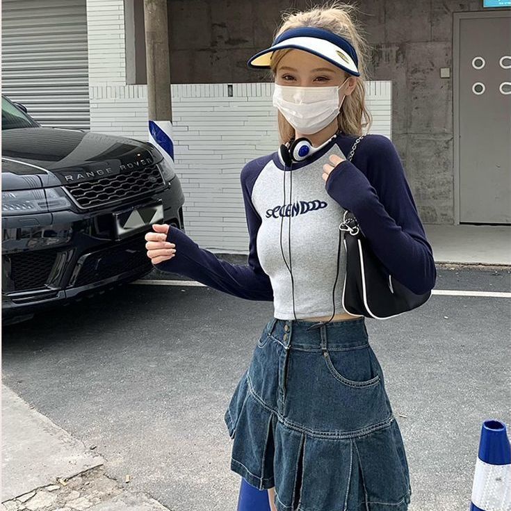 Jiashucheng Áo Thun Tay Dài Hở Vai Màu Sắc Tương Phản Thời Trang Mùa Thu Cho Nữ