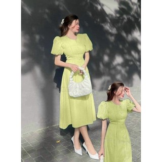 Đầm Caro Xòe Tay Phồng Nút Bọc Thời Trang Cho Nữ Đi Làm Đi Tiệc