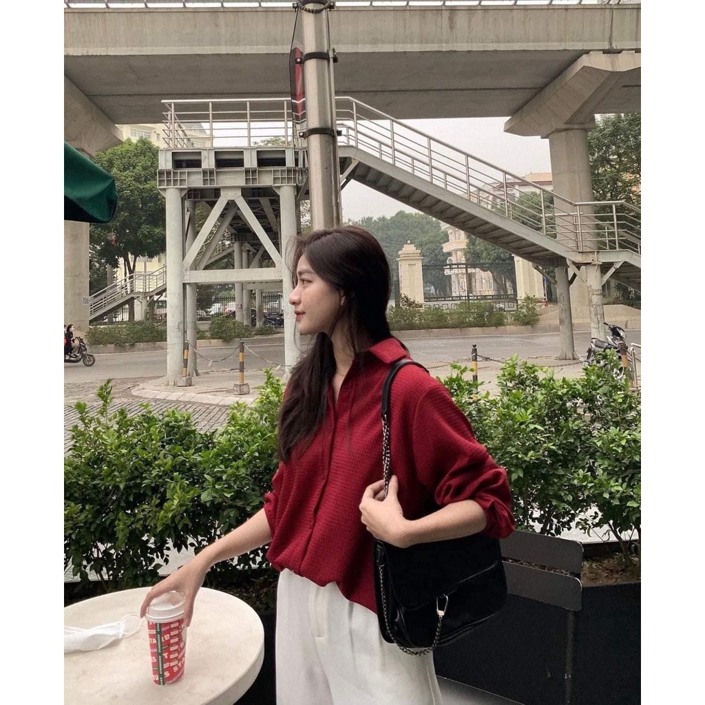 [FREESHIP] Áo sơ mi Hàn Quốc chất xốp màu đỏ  tay lỡ dáng rộng Ulzzang  Ảnh thật 1000%