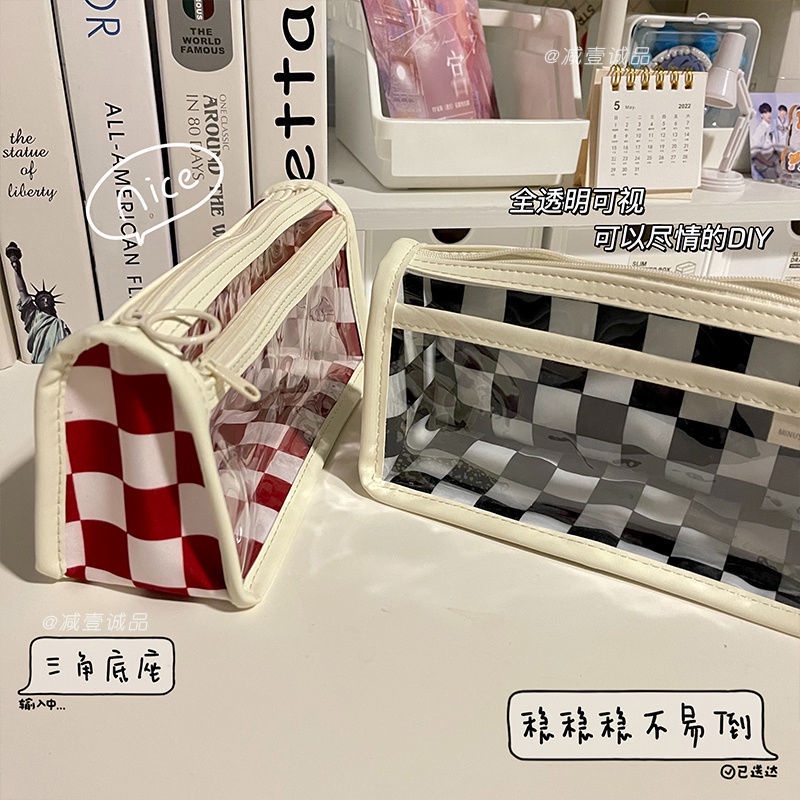 Túi Đựng Bút Chì Kẻ Ô Màu Trắng Đen Dung Tích Lớn Phong Cách Nhật Bản