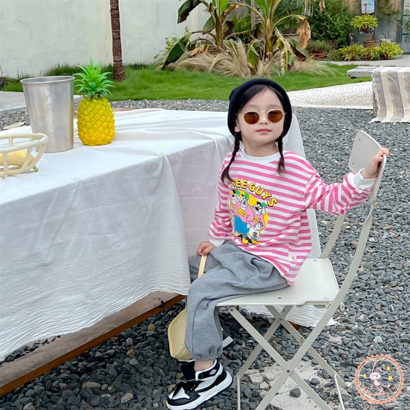 Áo Thun Tay Dài Họa Tiết Kẻ Sọc In Chữ Thời Trang Mùa Thu Cho Bé Gái