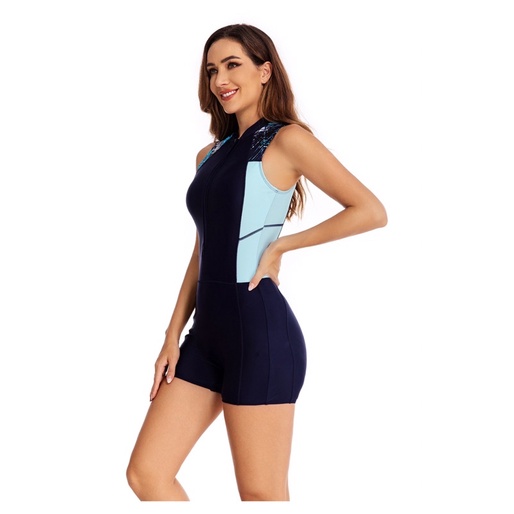 Hình thật- Đồ bơi liền thân không tay quần đùi phối màu 2 bên vai đến eo