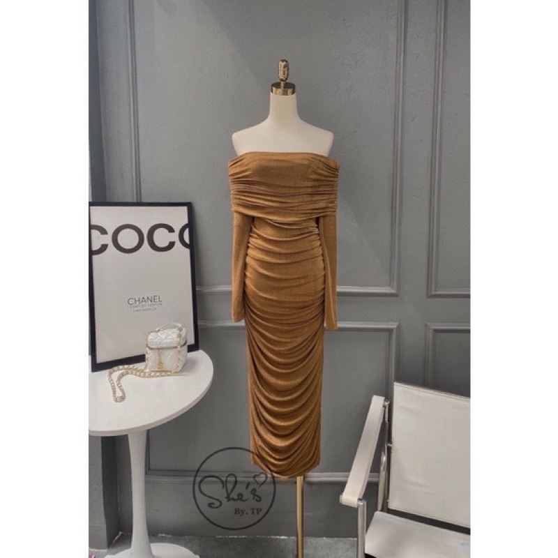 ĐẦM BODY LỤA NHŨ CC TAY DÀI TRỄ VAI NHÚNG EO SANG TRỌNG- HÀNG CHUẨN MẪU MỀM MỊN♥️ SIÊU CO GIÃN&