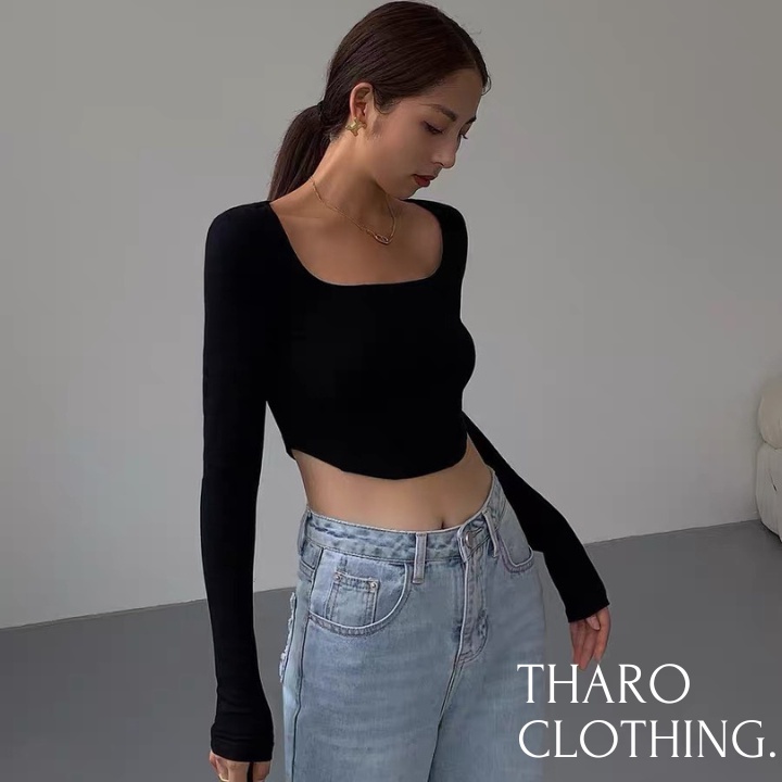 Áo Croptop Nữ Gân Tăm, Tay Dài Vạt Bầu - Tharo Clothing