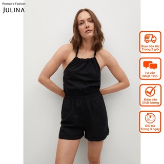 Jumpsuit áo liền quần cổ yếm vải lanh đen thoáng mát MNG 87068629 SIZE M