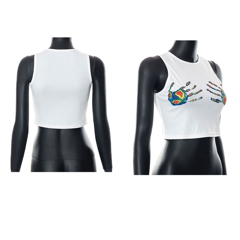 Áo Croptop Không Tay Cổ Tròn In Họa Tiết Bàn Tay Phong Cách Harajuku Cho Nữ