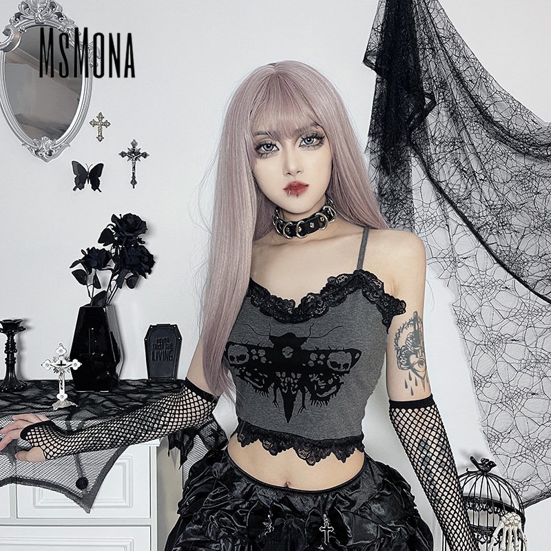 MsMona Áo Tank Top Hai Dây Cổ Chữ V Phối Ren Màu Tương Phản Thời Trang 2023 Cho Nữ