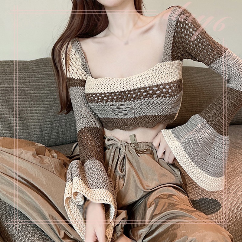 Áo Dệt Kim Tay Loe Ngắn Cổ Vuông Gợi Cảm Chống Nắng Phong Cách Hàn Quốc Cho Nữ