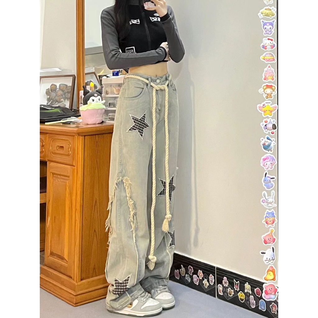 Hong Kong style vintage star pattern jeans women's spring new spicy girls high waist loose thin hemp rope straight trousers