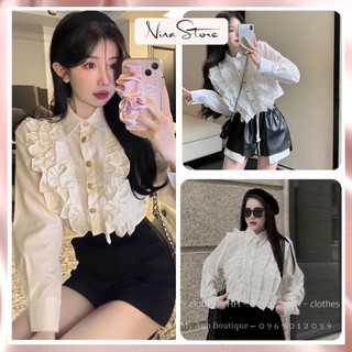 Áo sơ mi tay dài dáng ngắn áo sơ mi croptop bèo ngực dáng lửng khuy ngọc siêu xinh NinaStore