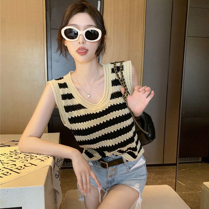 Áo Tanktop Dệt Kim Dáng Rộng Kẻ Sọc Cá Tính Thời Trang Hàn Quốc Cho Nữ