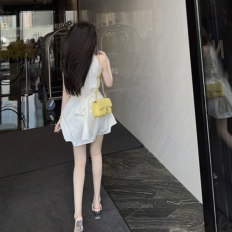 2023 satin high-grade sleeveless dress women's French off-shoulder sexy socialite temperament waist-tied short dress CJJY