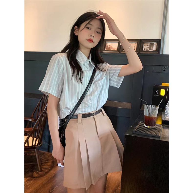 SUXI Áo Sơ Mi Tay Ngắn Dáng Rộng Họa Tiết Kẻ Sọc Thời Trang Mùa Hè Dễ Phối Đồ Cho Nữ