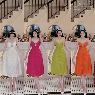 Đầm dáng chữ A hai dây cúc bọc chun lưng