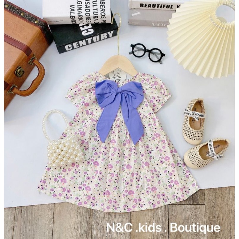 Váy hoa nhí bé gái nơ ngực tay bồng chất thô hàn đẹp mát