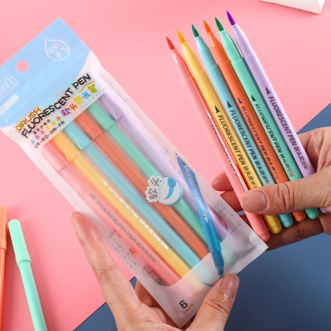 Set bút dạ quang lông đầu mềm đánh dấu ngòi brush viết calligraphy 6 màu sắc dễ thương - Color House