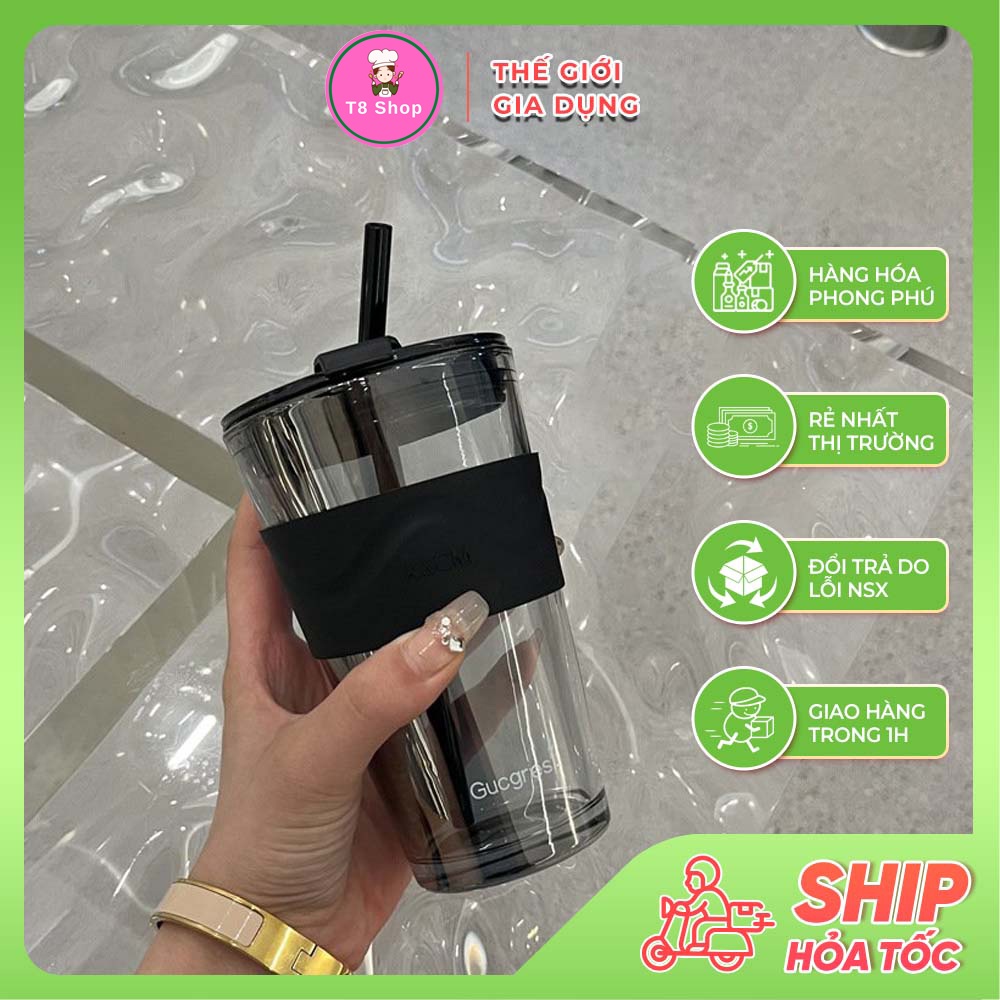 Cốc Thuỷ Tinh,Ly Thủy Tinh Cao 450ml Có Nắp Kèm Ống Hút 2 Màu ,Hổ Phách, Khói Sang Trọng Dể Thương