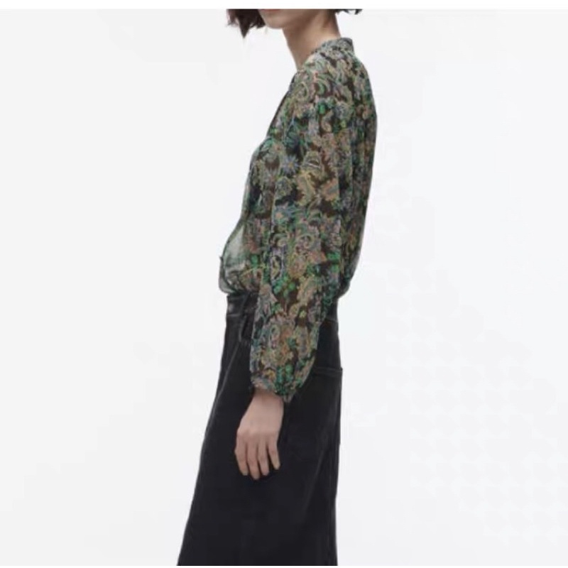 Made in Morocco - áo sơ mi Zara voan hoa lụa xanh trầm AH1SMVG40N10