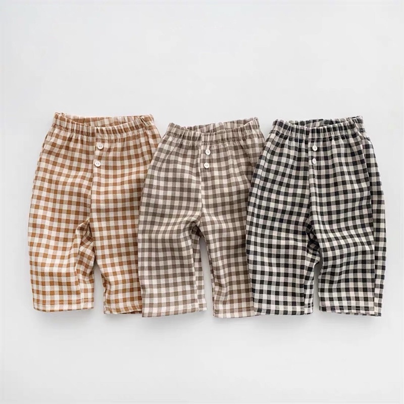Quần dài chống muỗi cho bé,quần mùa hè cho bé hoạ tiết kẻ caro ống rộng từ 7-21kg Mochikids