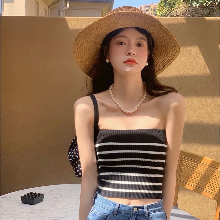 Áo Tank Top Ôm Dáng Họa Tiết Kẻ Sọc Phong Cách Hàn Quốc Thời Trang Cho Nữ