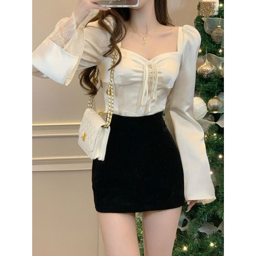 Áo Sơ Mi Satin Cổ Vuông Tay Loe Xếp Ly Thời Trang Xuân Hè 2023 Phong Cách Mới