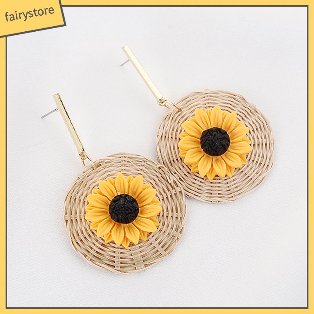 Bông Tai Tròn Đan Mây Đính Hoa Hướng Dương Phong Cách Boho [Fairy1] Cho Nữ