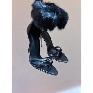 Giày Cao Gót Mũi Nhọn Nữ Đế Cao 9cm Cổ Cao Lông Vũ Gót Nhọn Bít Gót Sau Mũi Tròn - CGLMN