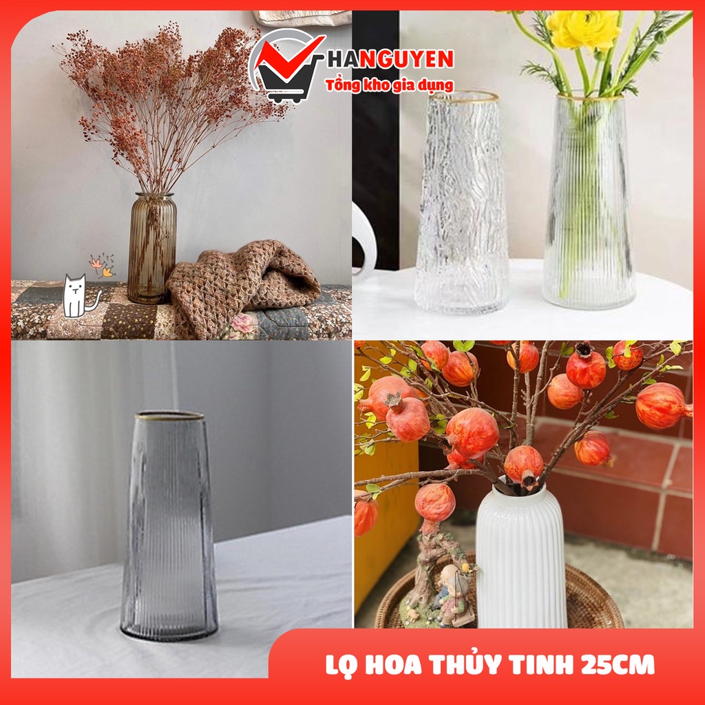 Lọ hoa thủy tinh 25cm, Bình hoa hổ phách, phong các pha lê, Lọ dáng trụ sọc