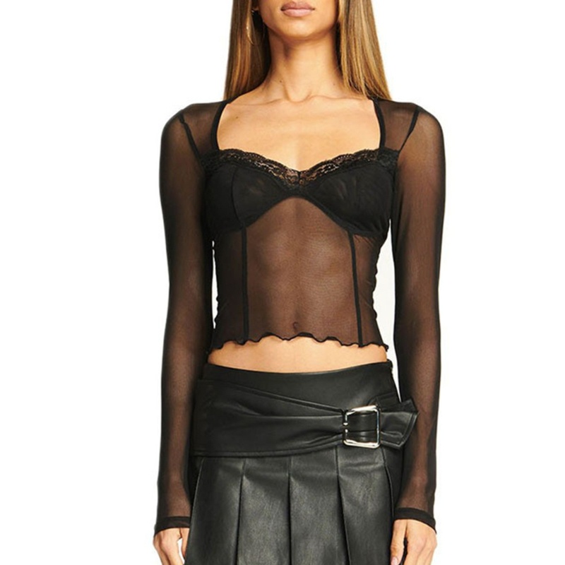 Áo Thun Nữ Tay Dài Phối Ren Thời Trang Quyến Rũ