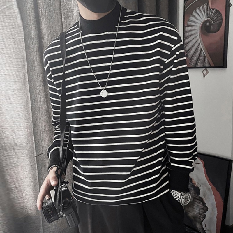 INCERUN Áo Thun Nam Dài Tay Cổ Cao Sọc Ngang Thời Trang