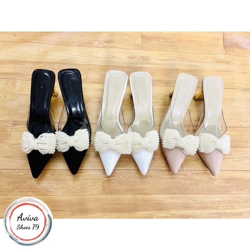 Sục mũi nhọn 5cm quai nơ gót mạ vàng siêu sang chảnh