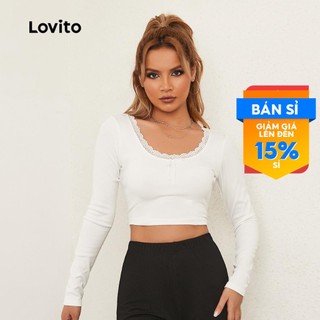 Lovito Áo Thun Nữ Dài Tay Đính Nơ Ren Màu Trắng L20D1430