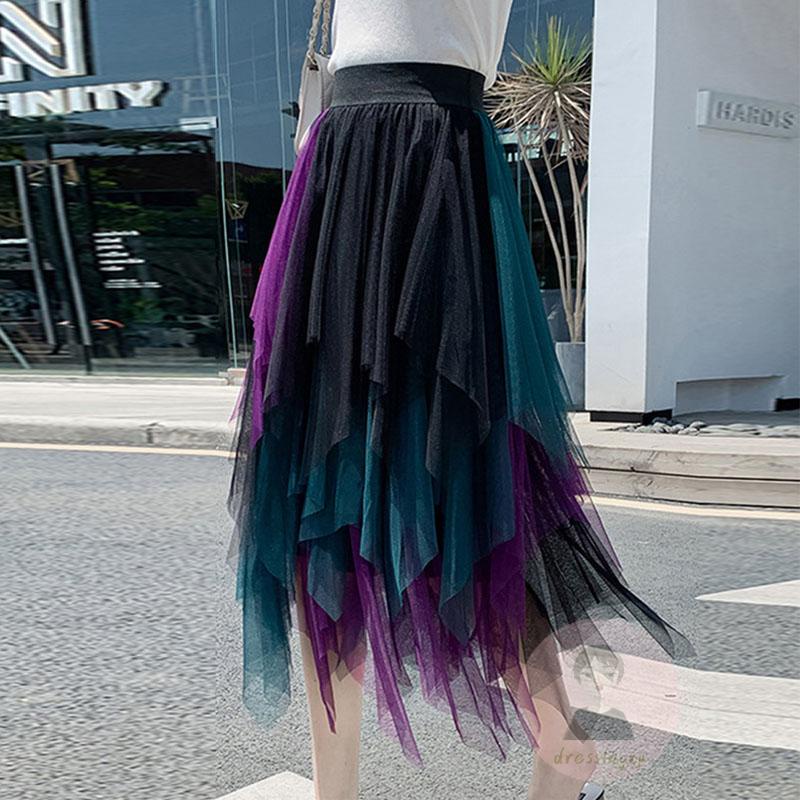 Chân Váy Vải Tuyn Lưng Thun Màu Sắc Tương Phản Thời Trang Mùa Thu Cho Nữ