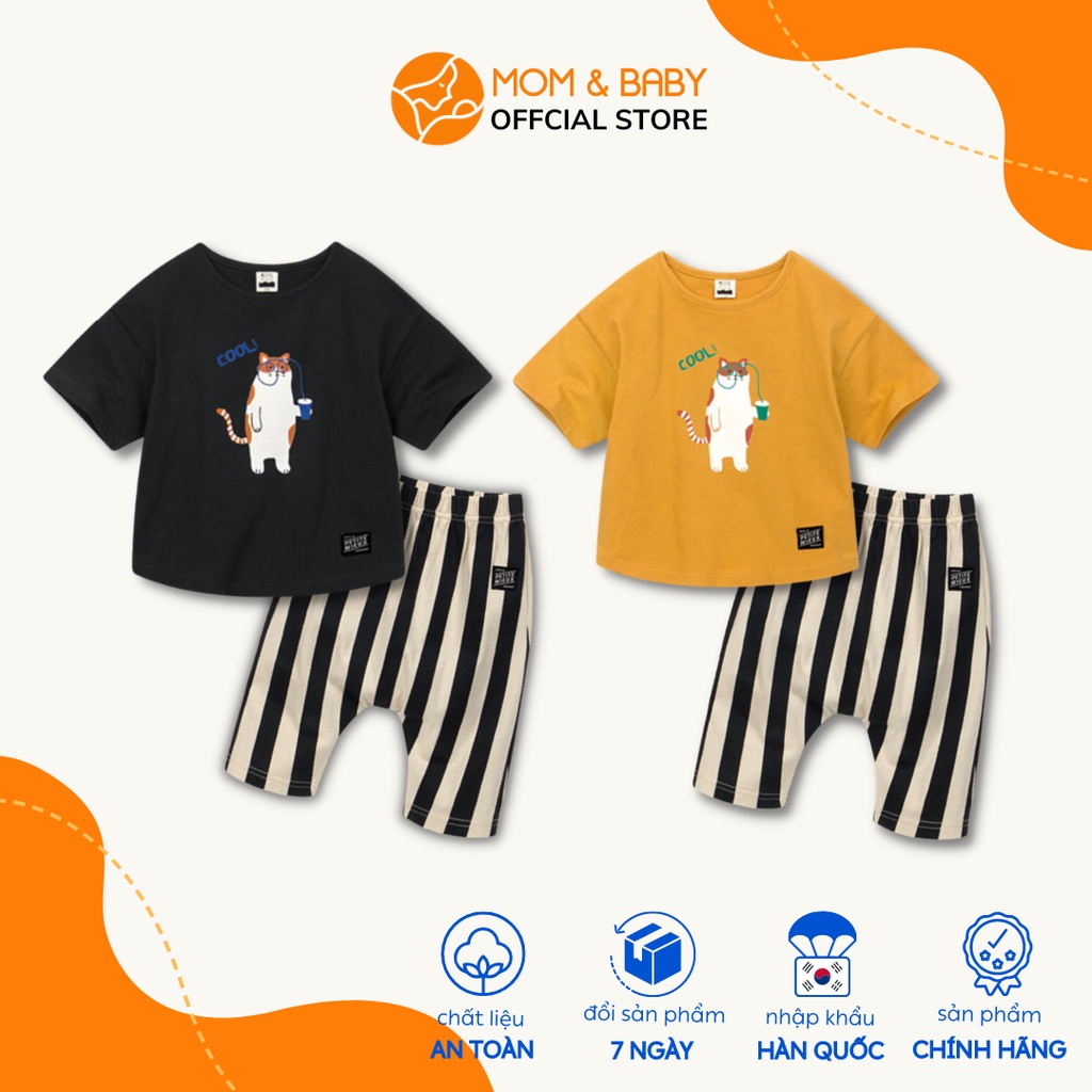 Set đồ bộ thun lửng bé trai thương hiệu Hàn Quốc Petite Mieux in hình chú mèo màu vàng đen MOM & BABY DMECN01
