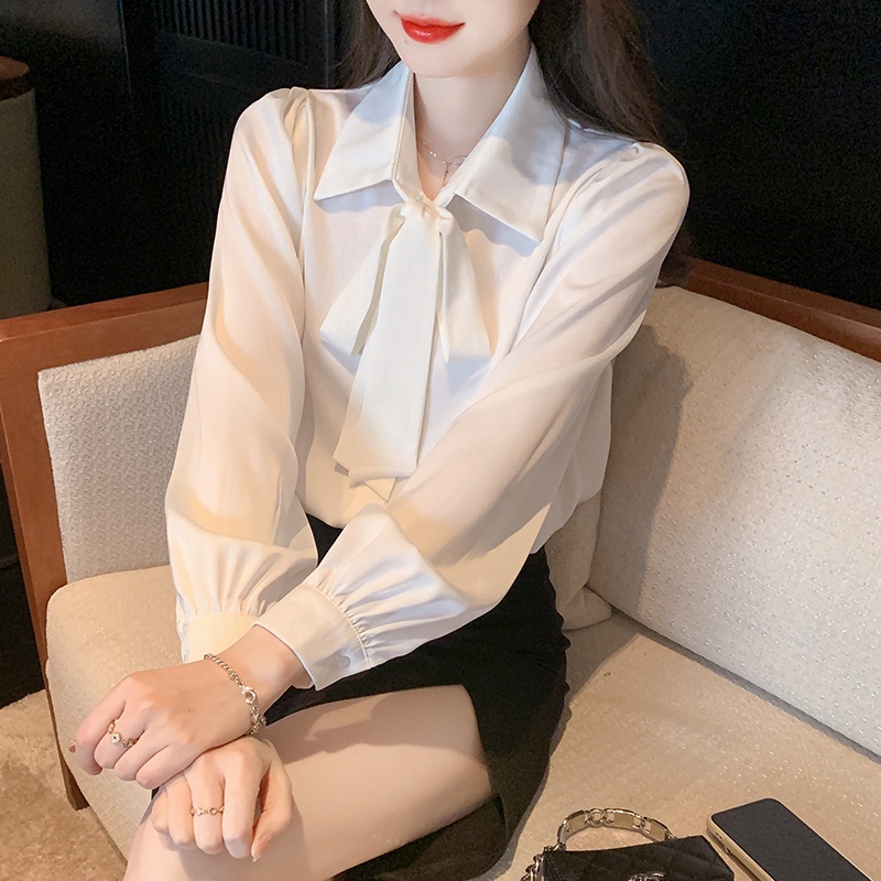 Áo Sơ Mi Satin Trắng Cao Cấp Thắt Nơ Phong Cách Hong Kong Chất Lượng Cao Cho Nữ