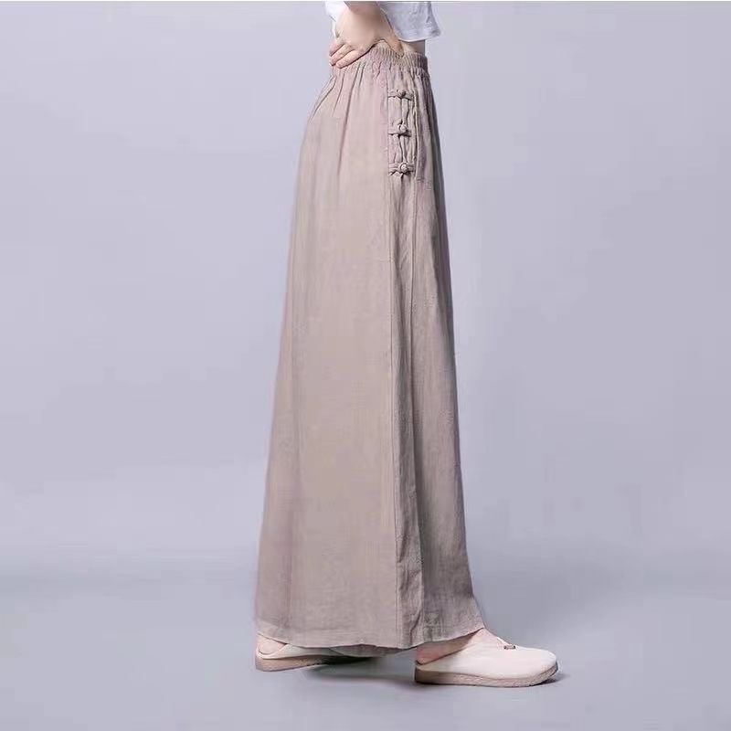 ICE Cotton and Linen Pants Draping Wide-Leg Pants Thin Cropped Large Swing Pants Skirt Elastic Waist Breathable Casual Withdrawal Cut Label Tail Order