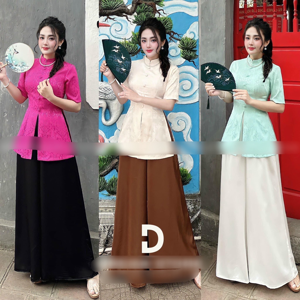Set lam nút bọc gấm tuyết quần ống rộng