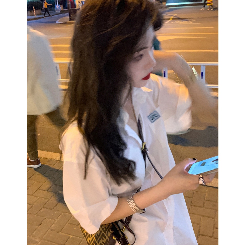 COZOKC Áo Sơ Mi Nữ Tay Ngắn Dáng Rộng Thời Trang Phong Cách Hàn Quốc